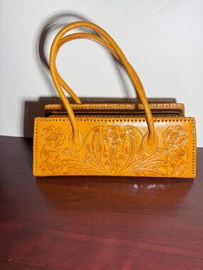 Alexis David Yellow Tooled Embossed Leather Handbag Purse Large Whipstitch NEW